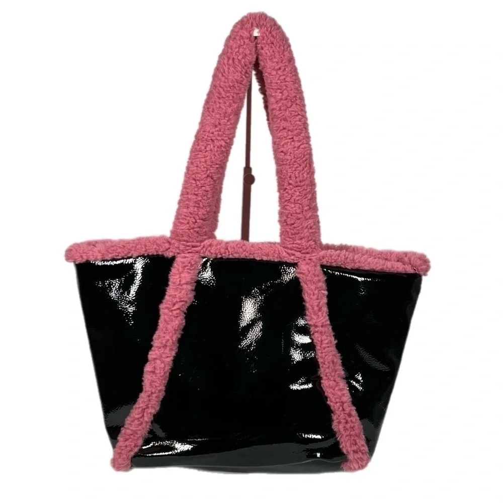Skinny Dip | Alexa Tote Bag Black Patent Vegan Leather Pink Sherpa Trim